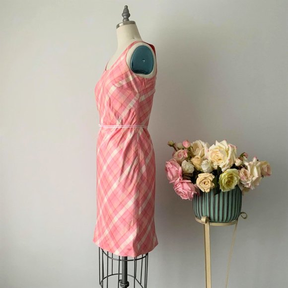 ANN TAYLOR LOFT Size 2 Pink Silk Sleeveless Preppy Tartan Sheat Dress - Picture 5 of 8